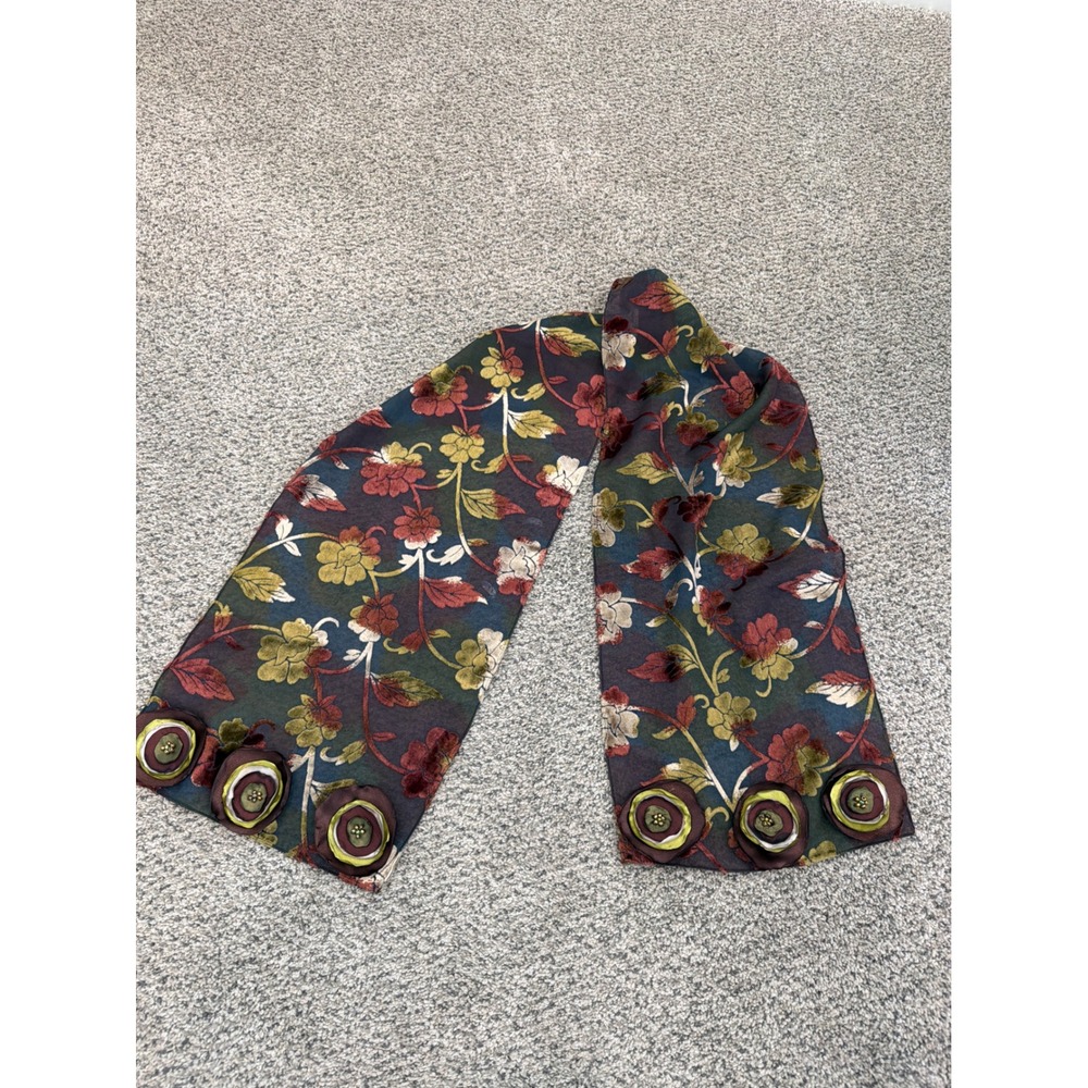 Vintage Floral Devore Velvet Scarf with 3D Rosette Beaded Trim Autumnal‎ Tones